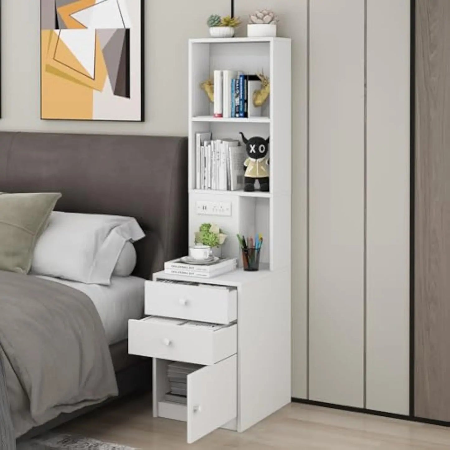 White Nightstand with Charging Station  with Drawer