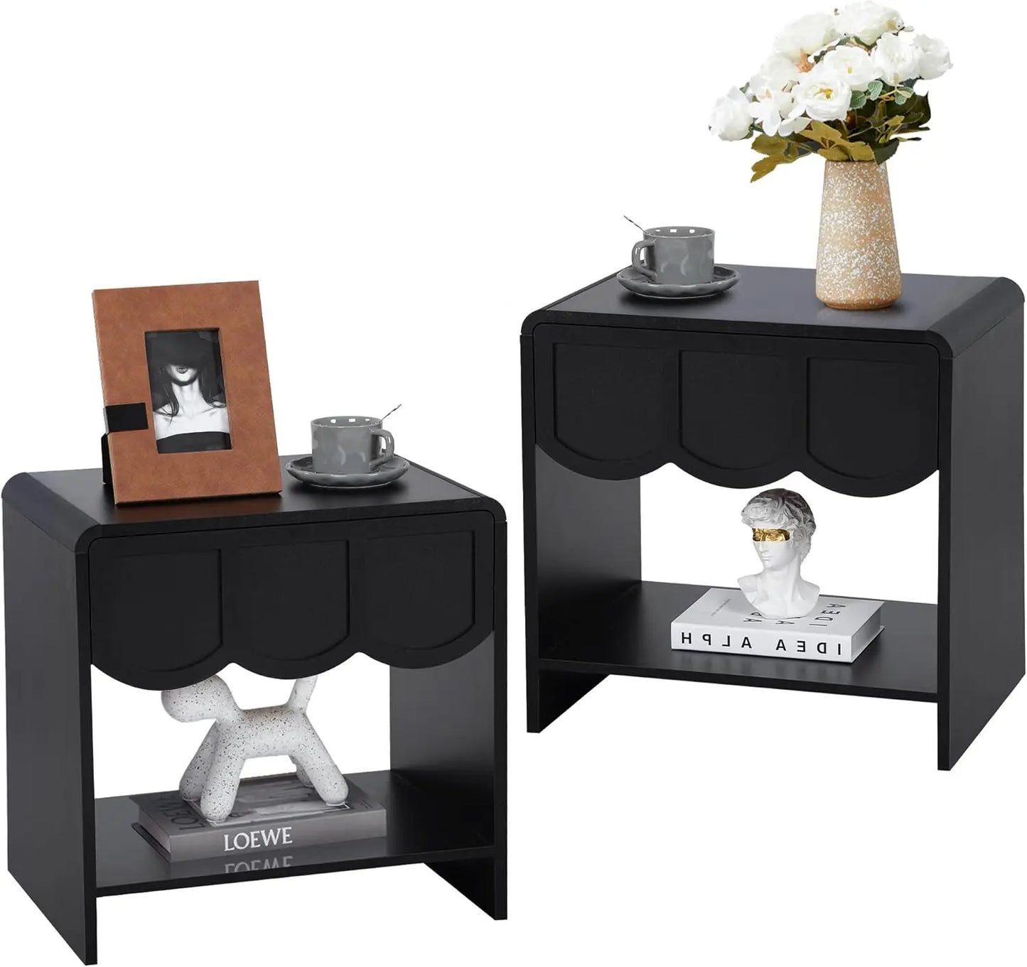 Set/2 Farmhouse Wood Nightstand with Wave Panel Drawe