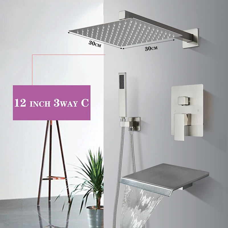 Brushed Nickel  Rainfall Shower Head Rotate/Waterfall