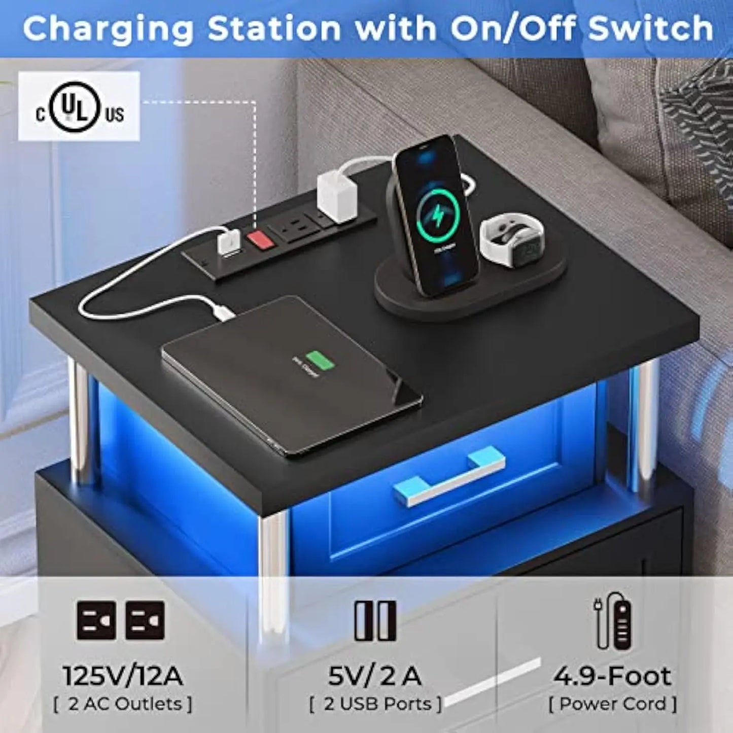 Set/2 Night Stand 3 Drawers Charging Station LED