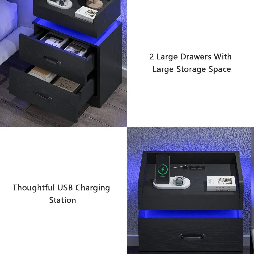 Black Night Stand LED Charging Station 2 Drawers