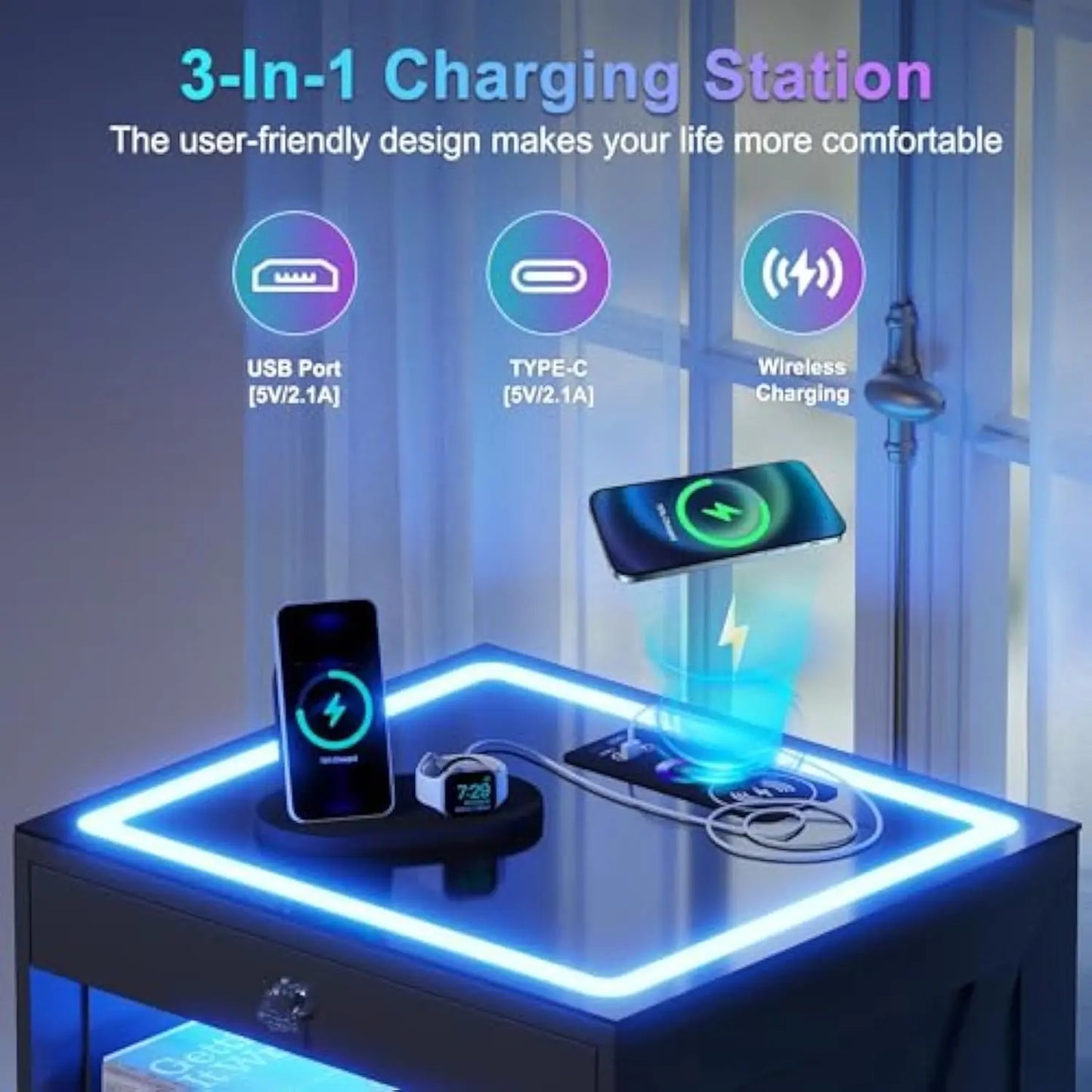 Glass Top LED Gun Drawer with Wireless Charging Station