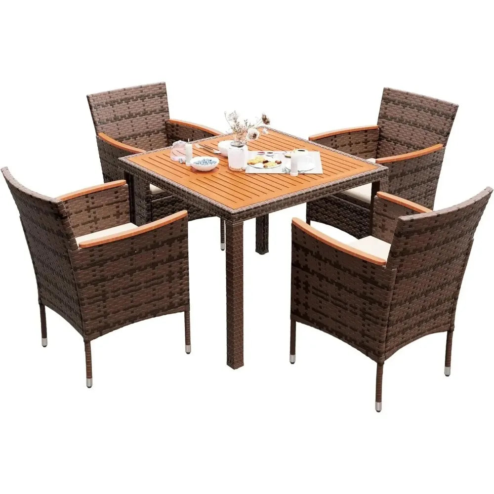 Patio Set with Acacia Wood Top And Wicker Rattan Chairs