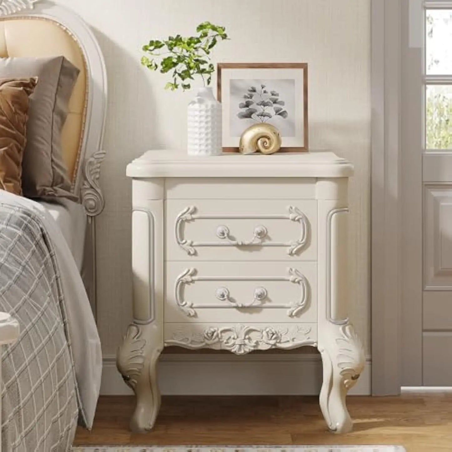White Nightstand, End Table with 2 Drawers