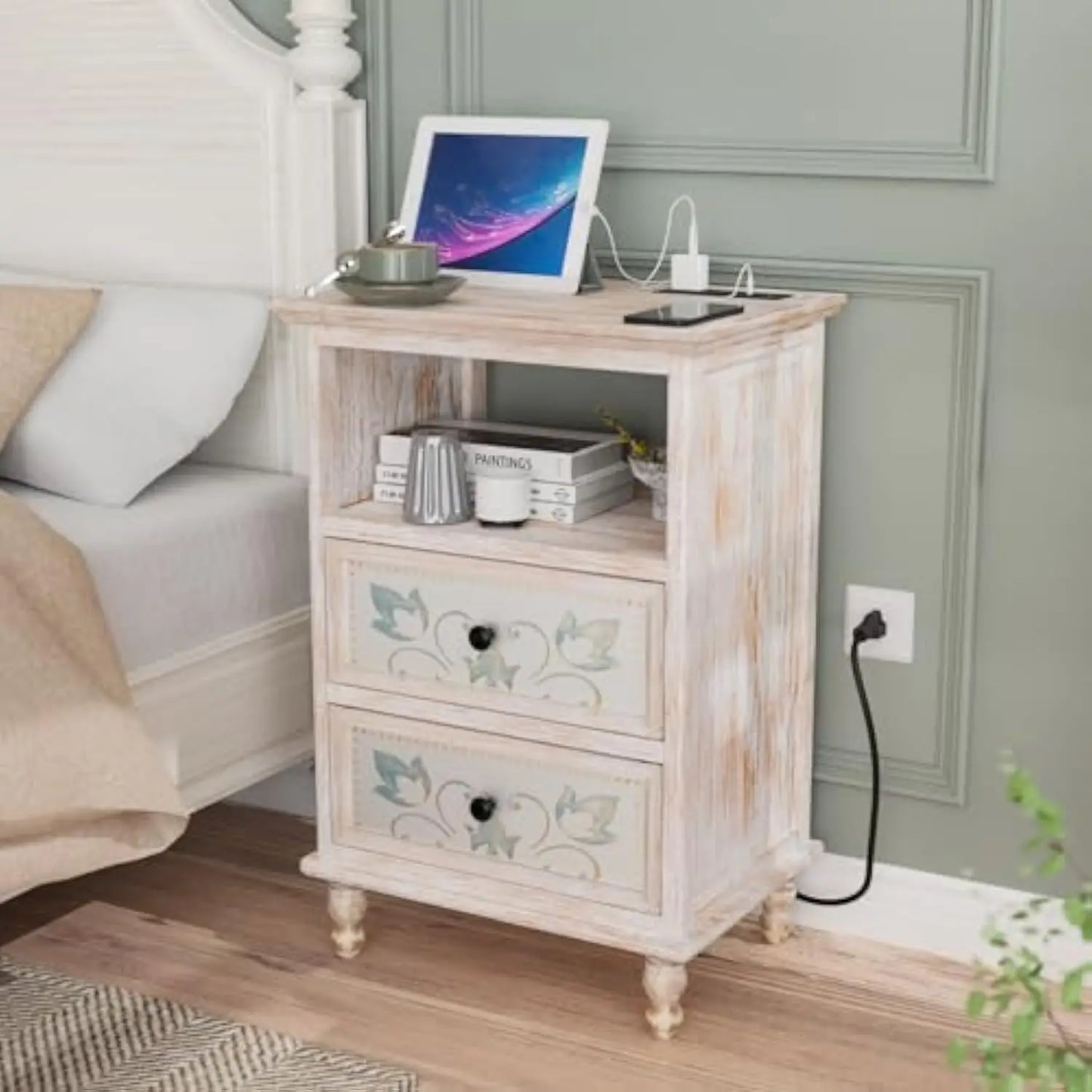 2 White Nightstands Charging Station 2 Drawer