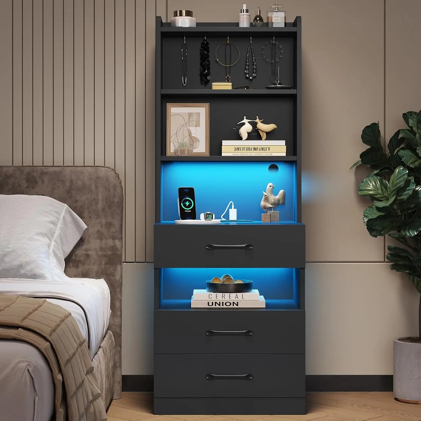 Tall Set/2 Charging Station,LED Lights book shelves