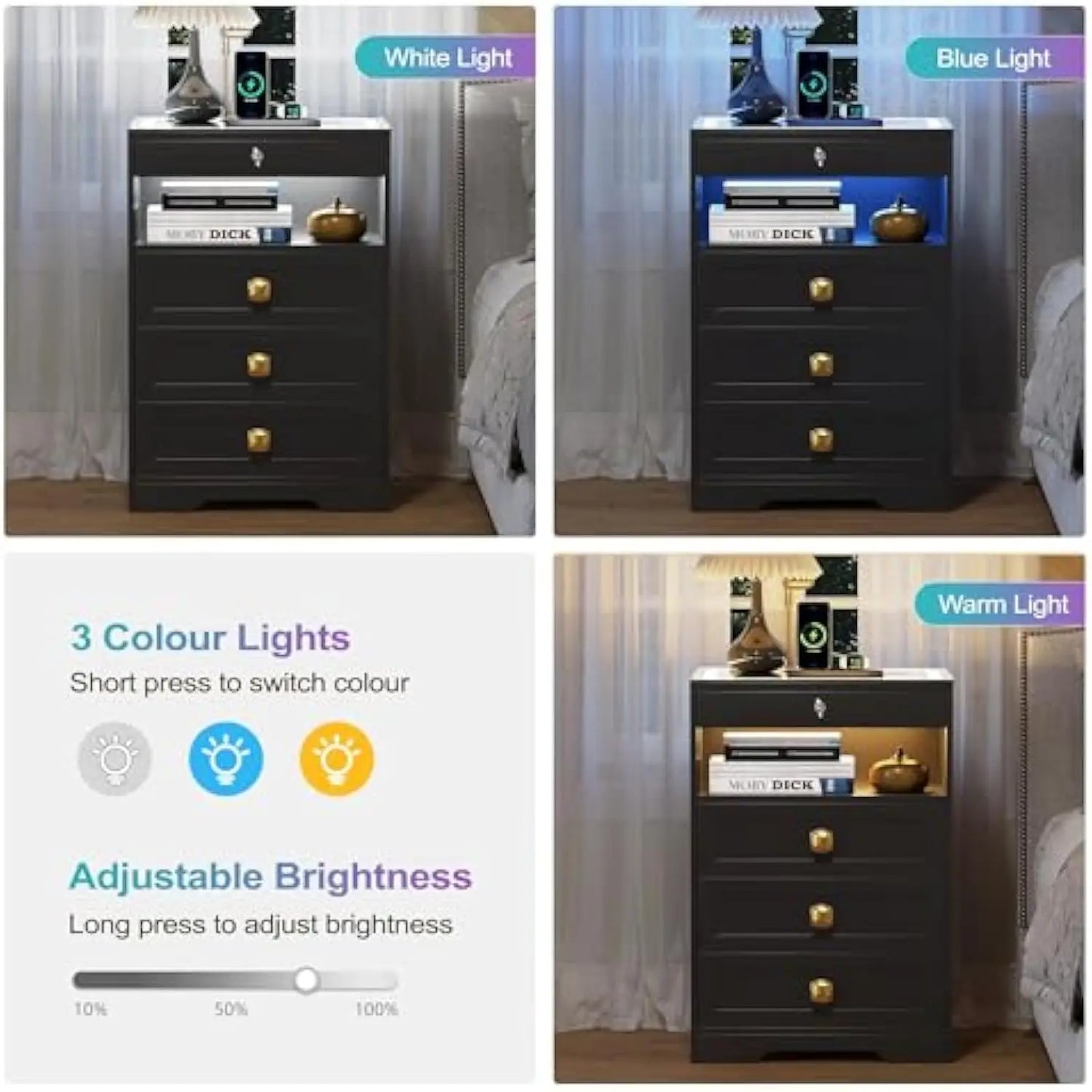Glass Top LED Gun Drawer with Wireless Charging Station