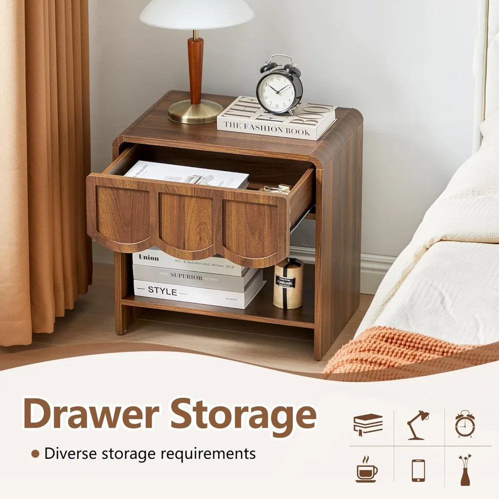 Set/2 Farmhouse Wood Nightstand with Wave Panel Drawe