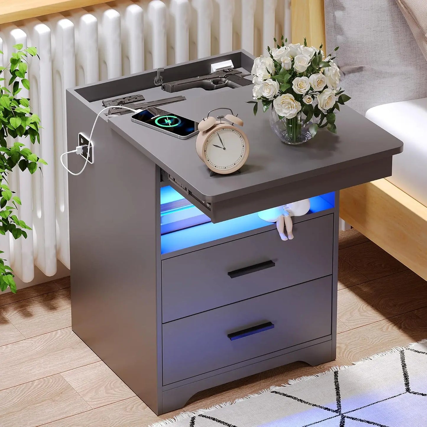 Charging Station W/ Gun Drawers Lighted night Stand