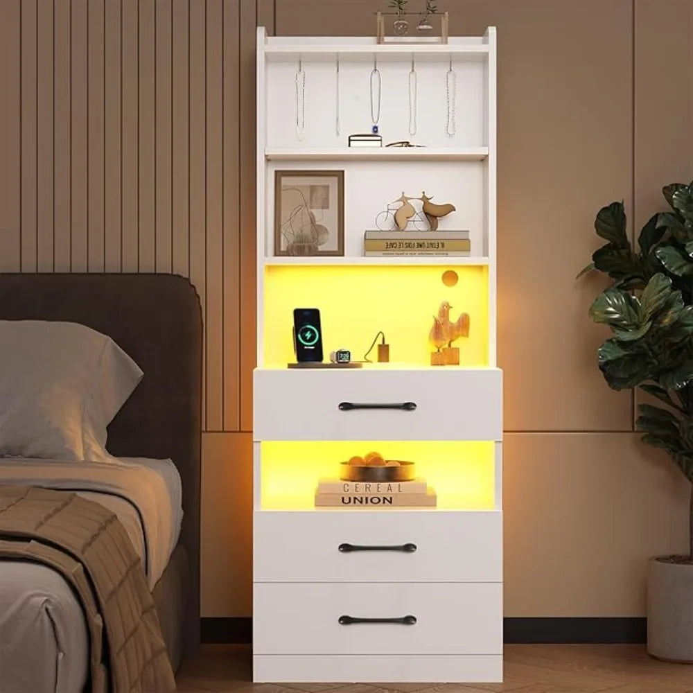 Tall Nightstand Charging Station LED Lights Bookshelf,