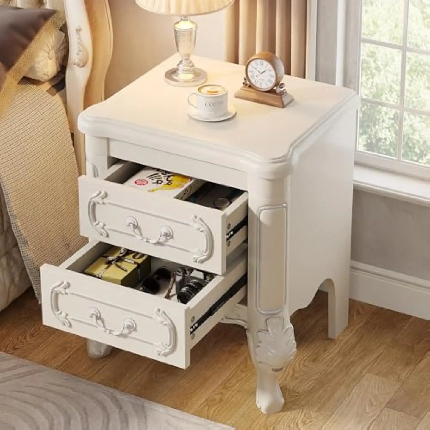 White Nightstand, End Table with 2 Drawers