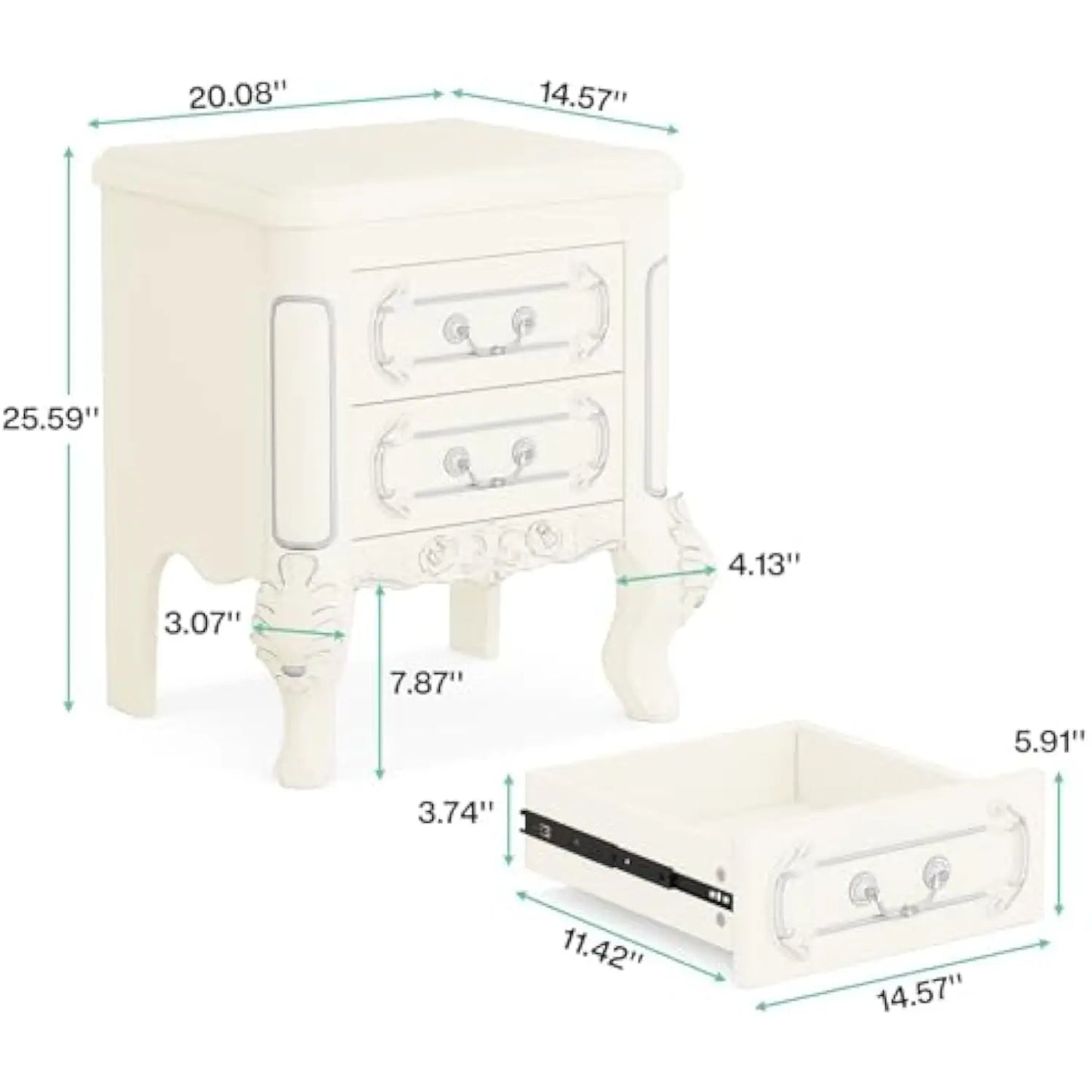 White Nightstand, End Table with 2 Drawers