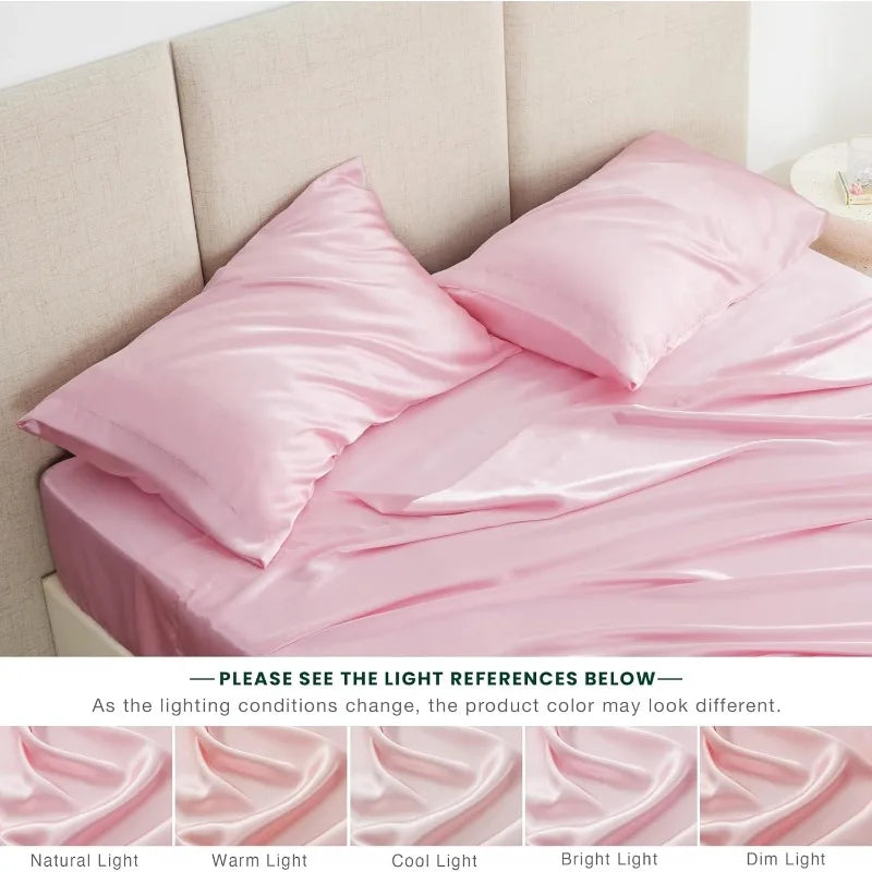 4PC Pink Silky Satin Queen sheet Set