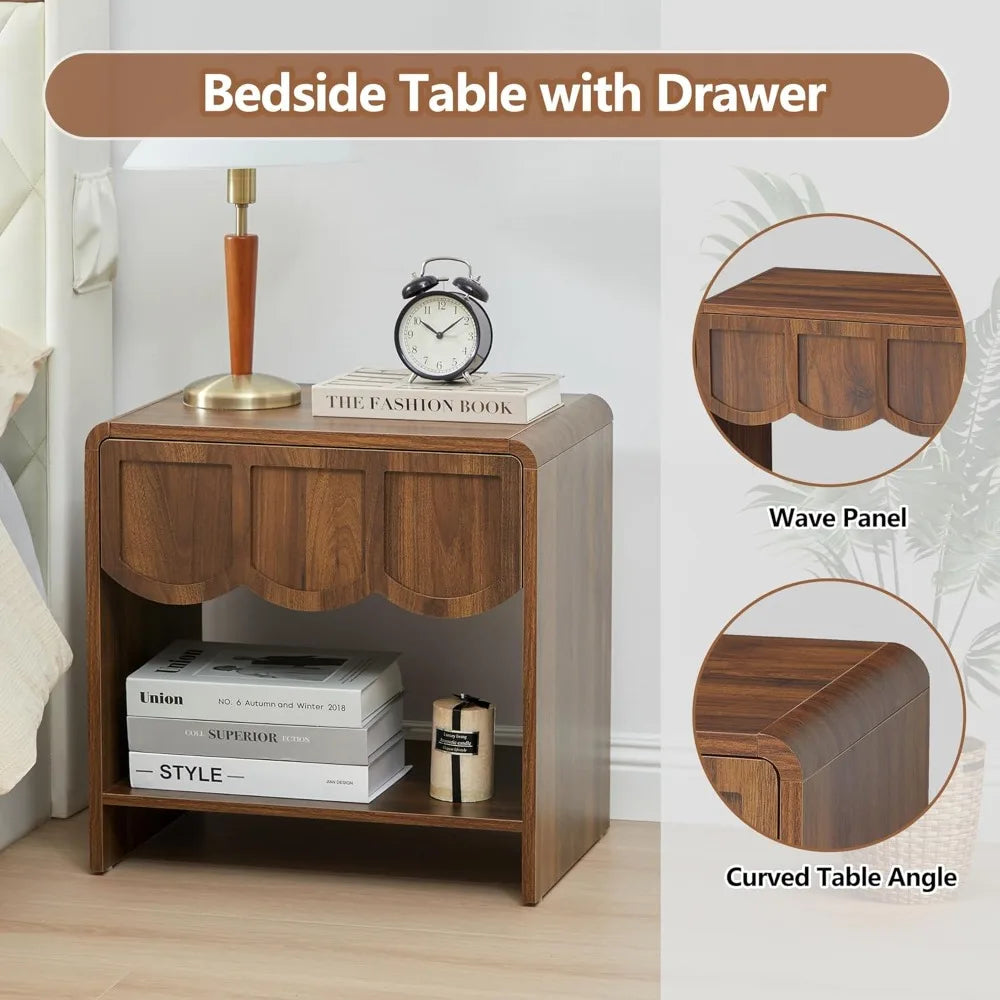 Set/2 Farmhouse Wood Nightstand with Wave Panel Drawe
