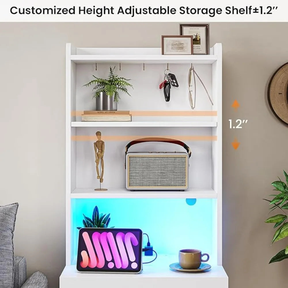 Tall Nightstand Charging Station LED Lights Bookshelf,