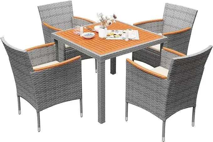 Patio Set with Acacia Wood Top And Wicker Rattan Chairs