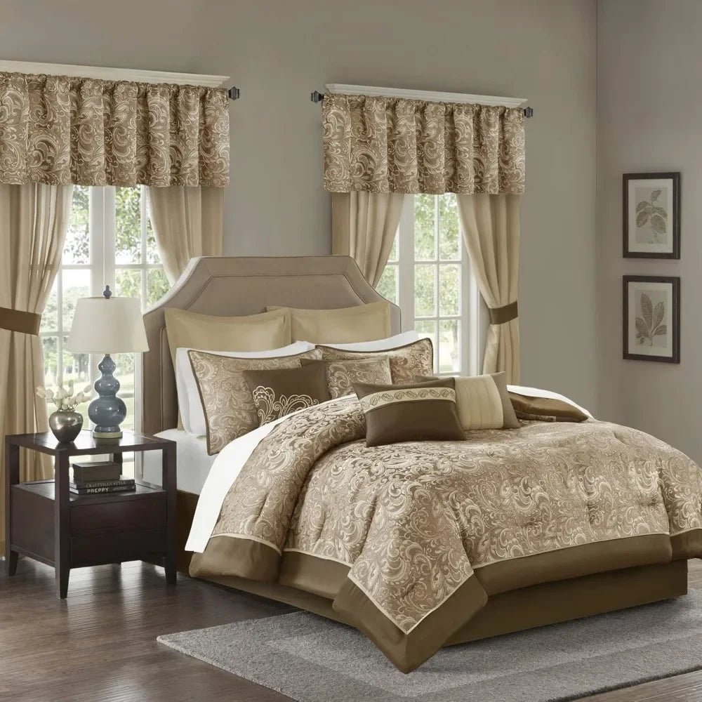 Faux Silk Comforter Jacquard Paisley  Matching Curtains