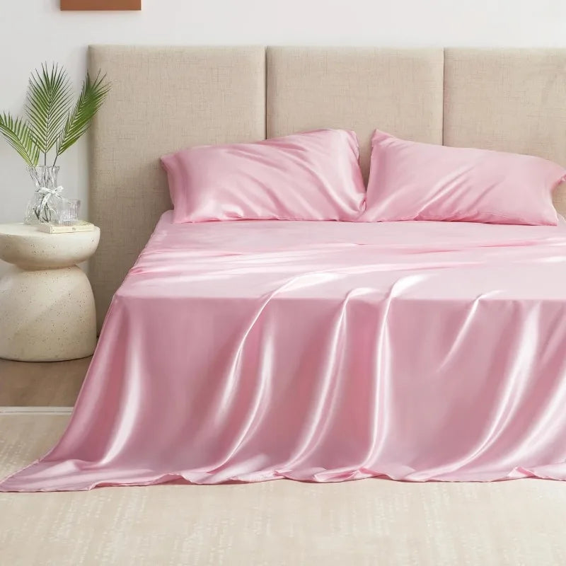 4PC Pink Silky Satin Queen sheet Set
