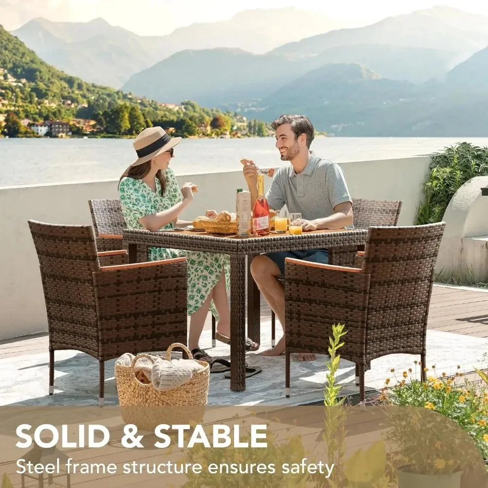 Patio Set with Acacia Wood Top And Wicker Rattan Chairs