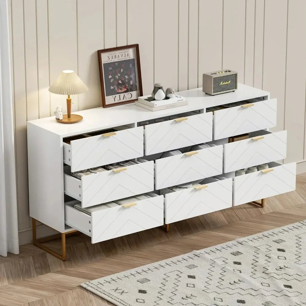9 Drawer Dressers Storage Cabinet with Golden Legs