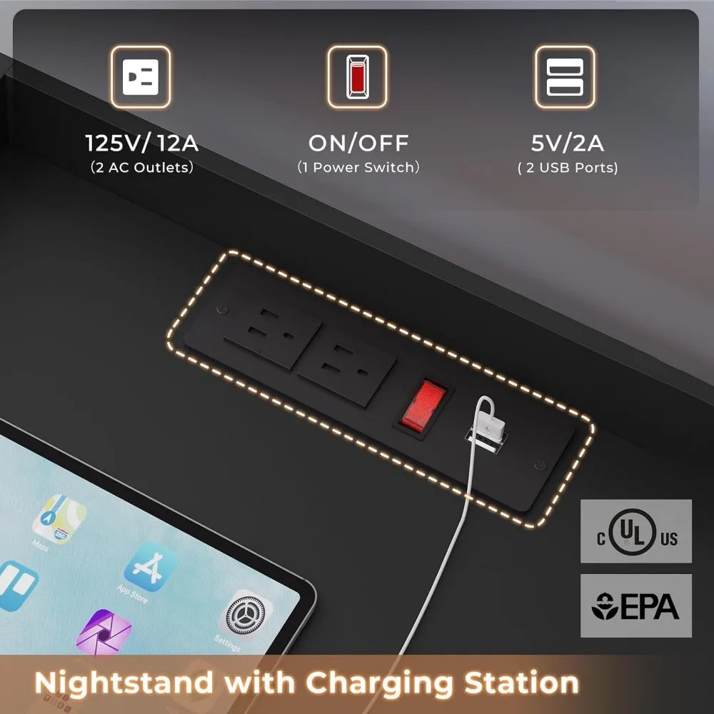 Black set/2 LED Night Stand with Charging Station
