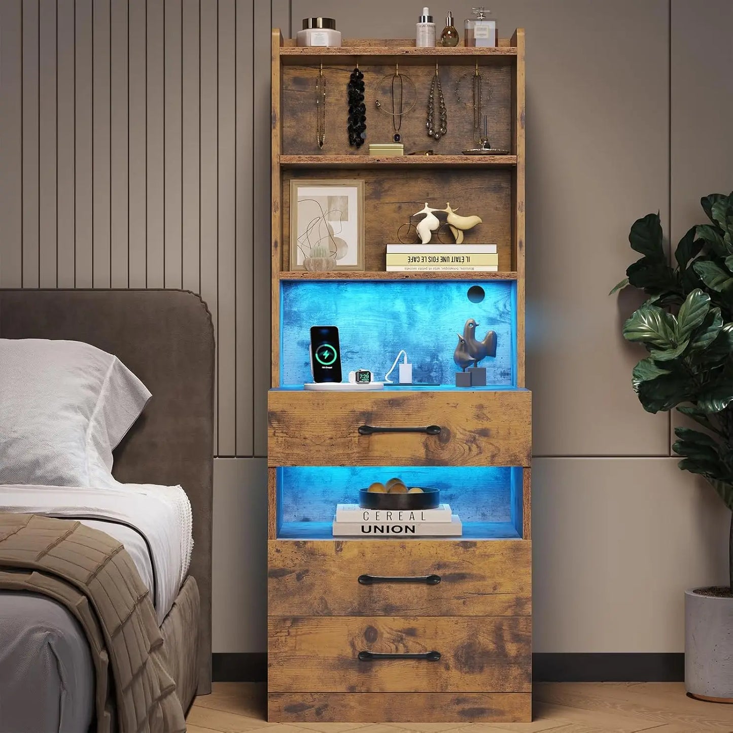 Tall Set/2 Charging Station,LED Lights book shelves