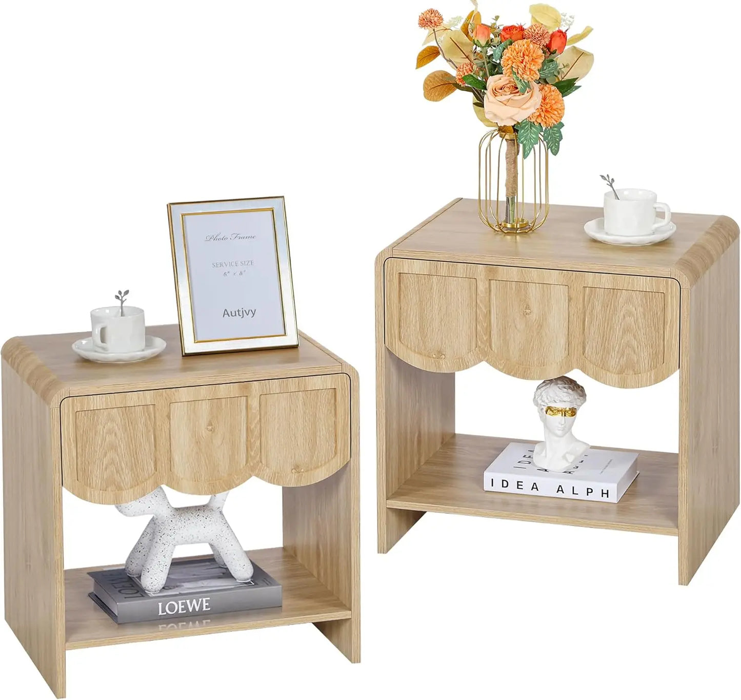Set/2 Farmhouse Wood Nightstand with Wave Panel Drawe