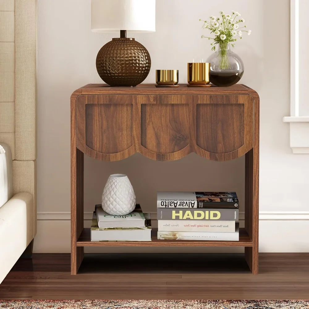Set/2 Farmhouse Wood Nightstand with Wave Panel Drawe