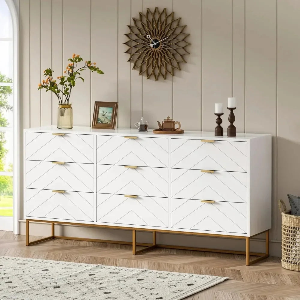 9 Drawer Dressers Storage Cabinet with Golden Legs