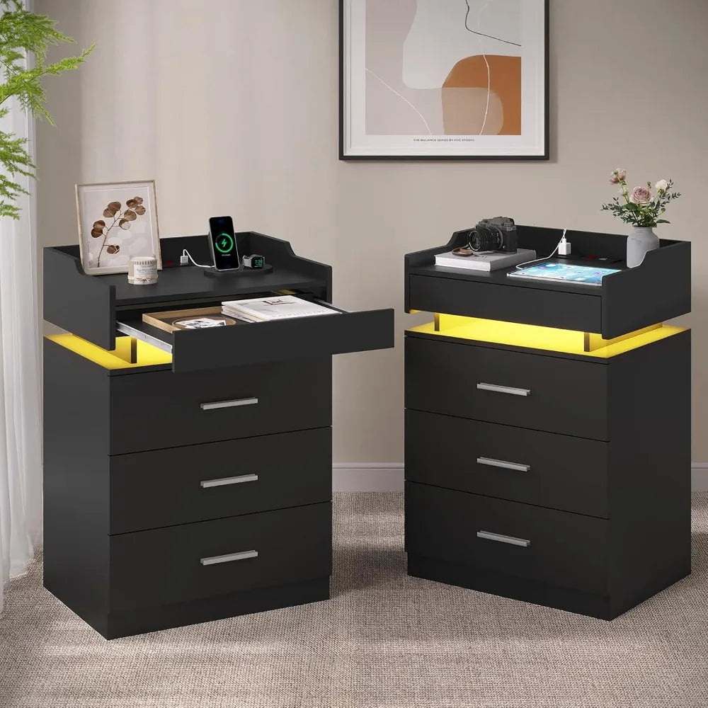 Black set/2 LED Night Stand with Charging Station