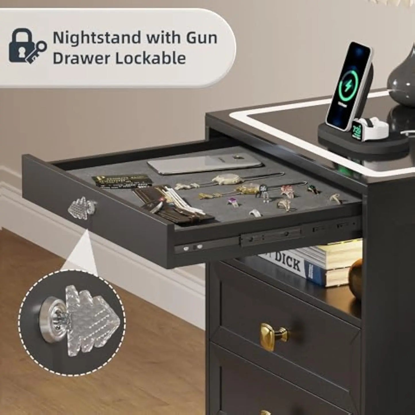 Glass Top LED Gun Drawer with Wireless Charging Station