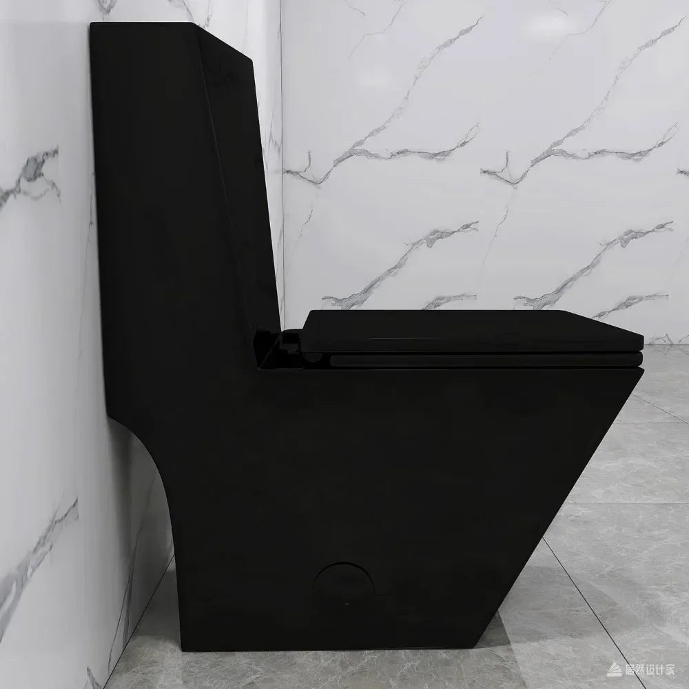 Square One Piece Toilet Black With Gold Button