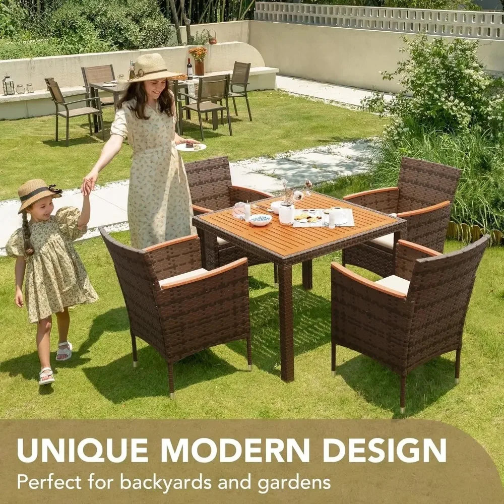 Patio Set with Acacia Wood Top And Wicker Rattan Chairs