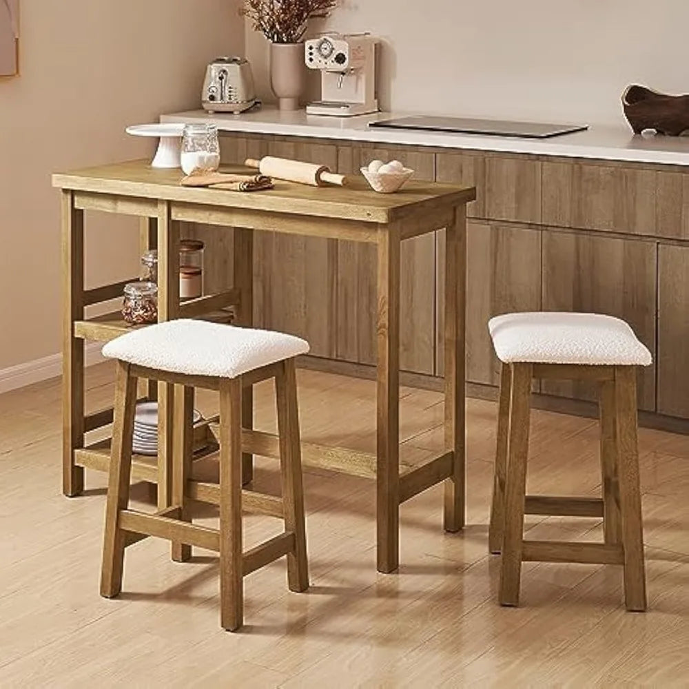Solid Wood Table Set with 2 Boucle Stools,