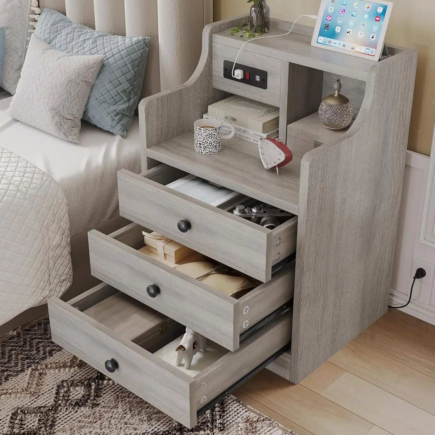 Grey With Hutch Charging Station 3 Drawers