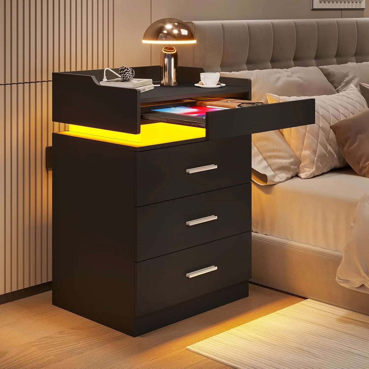 Black set/2 LED Night Stand with Charging Station