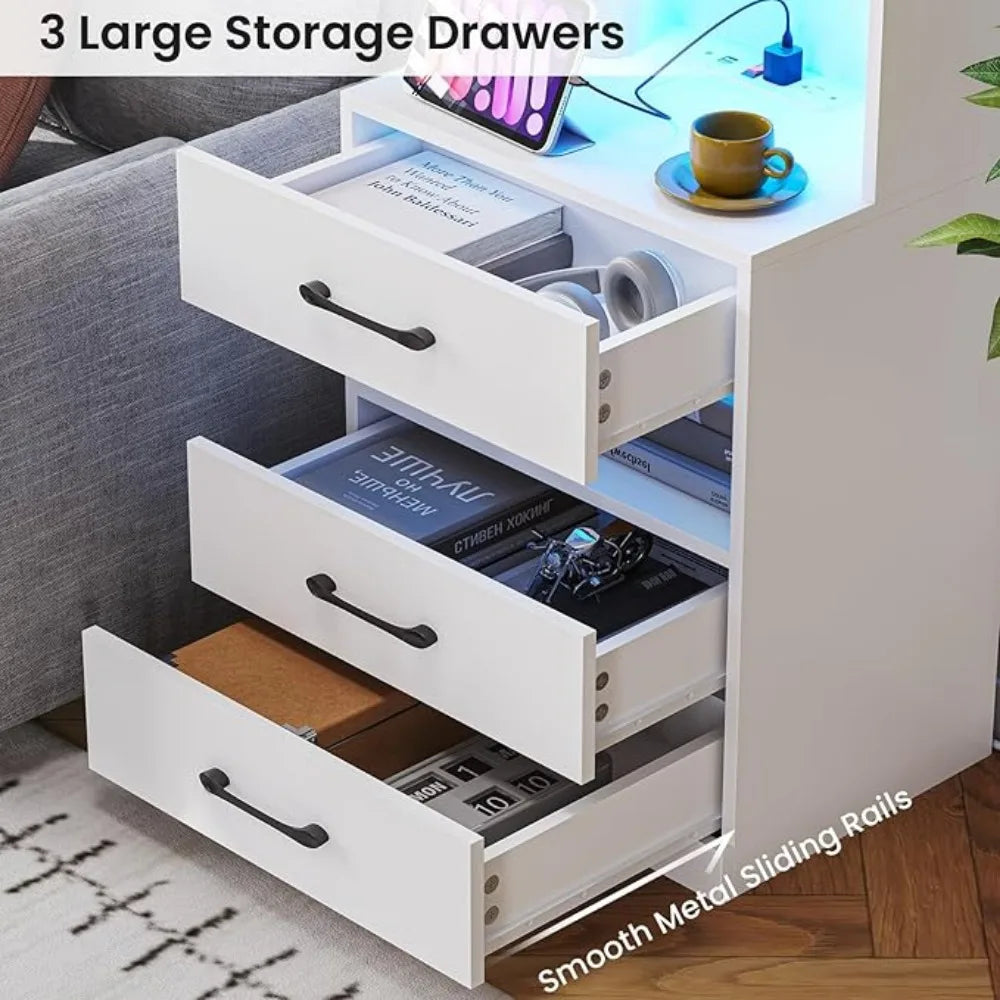 Tall Nightstand Charging Station LED Lights Bookshelf,
