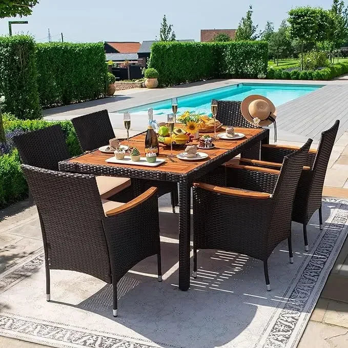 Patio Set with Acacia Wood Top And Wicker Rattan Chairs