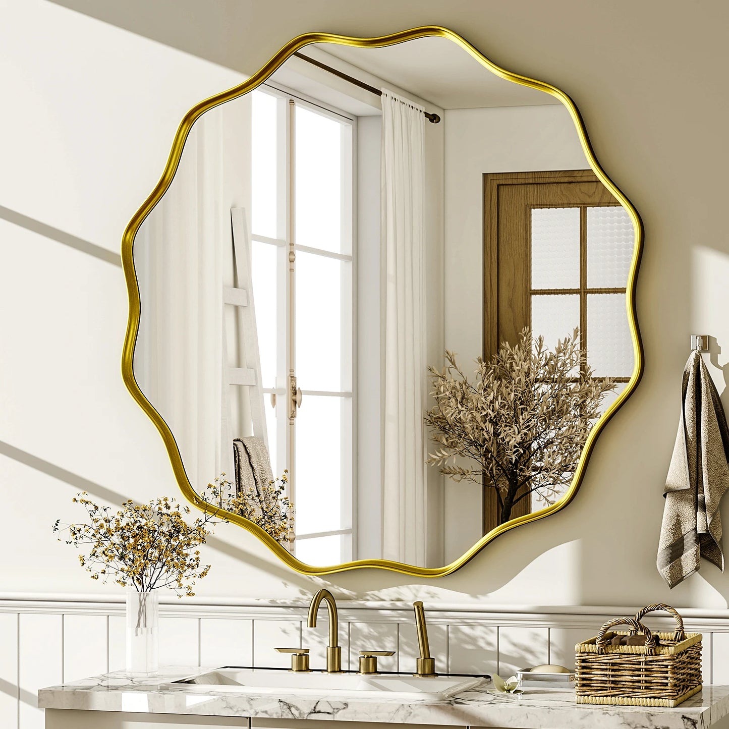 Wavy Round Bathroom Mirror Deep Frame