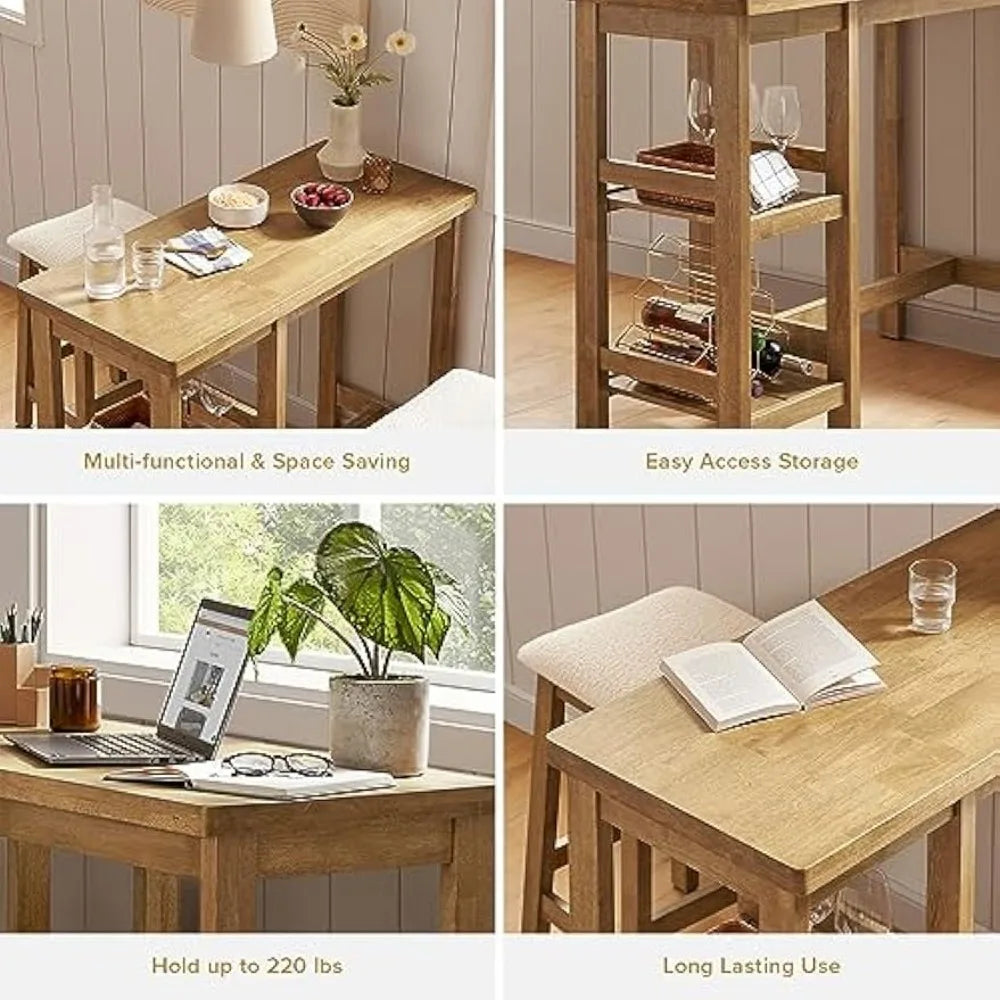 Solid Wood Table Set with 2 Boucle Stools,