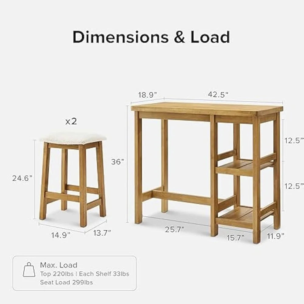 Solid Wood Table Set with 2 Boucle Stools,