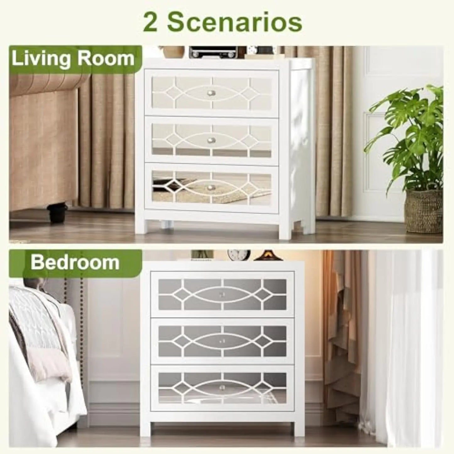 Night Stand, 26 Bedside Table with 3 Mirrored Drawers, Bedroom Nightstand, White Night Stand, Large Storage Bed Desk, Mid Centu