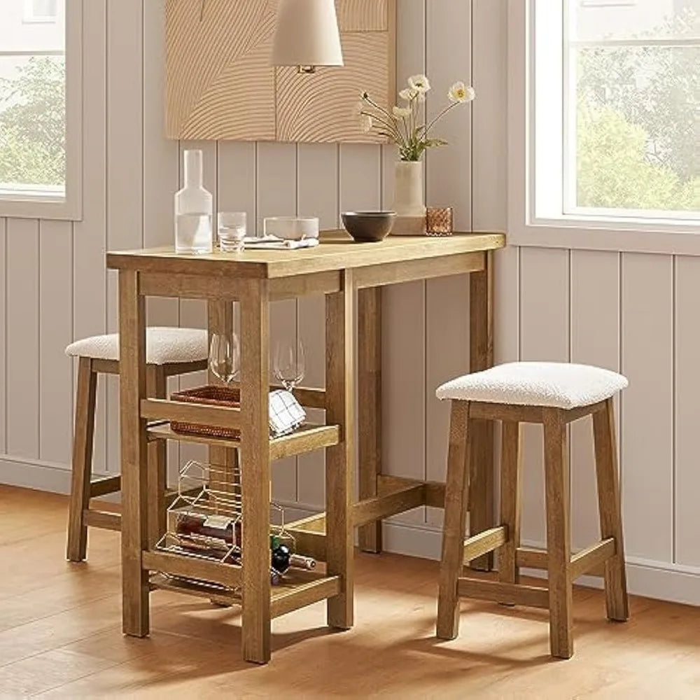 Solid Wood Table Set with 2 Boucle Stools,