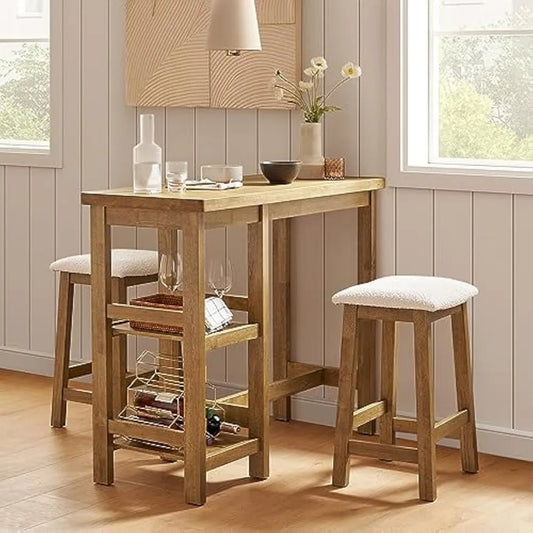 Solid Wood Table Set with 2 Boucle Stools,