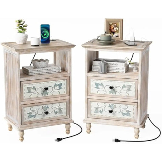 2 White Nightstands Charging Station 2 Drawer