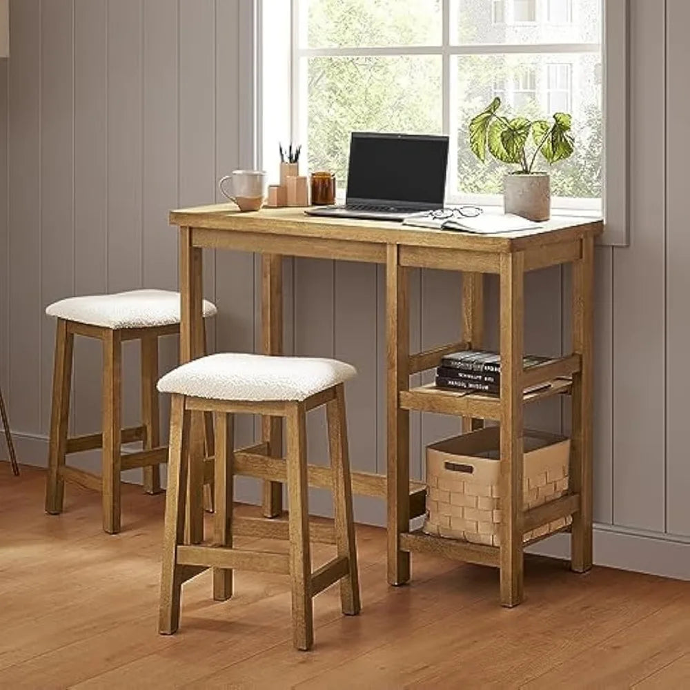 Solid Wood Table Set with 2 Boucle Stools,