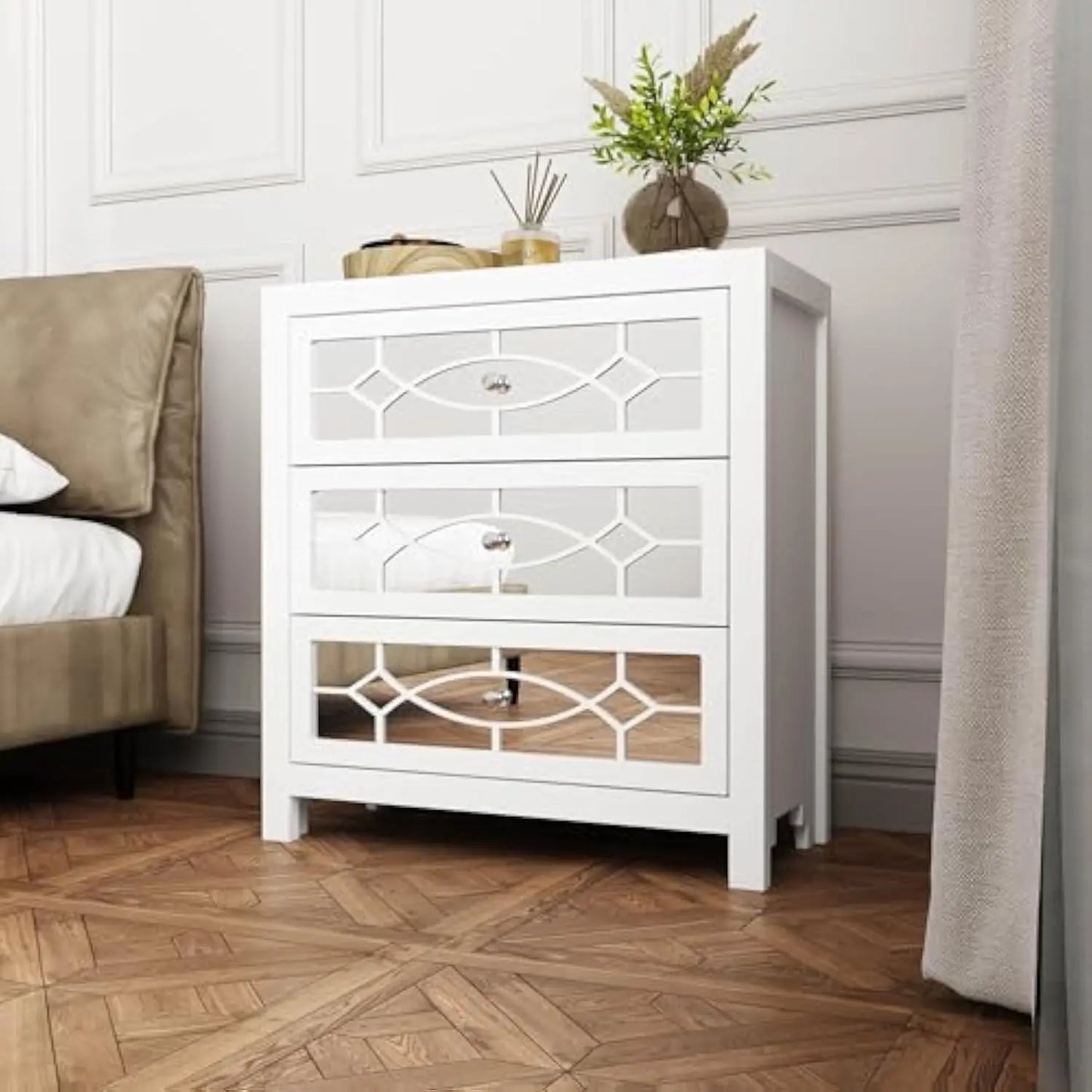 Night Stand, 26 Bedside Table with 3 Mirrored Drawers, Bedroom Nightstand, White Night Stand, Large Storage Bed Desk, Mid Centu