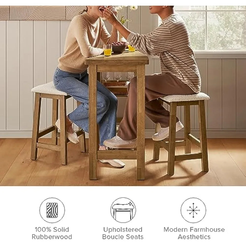 Solid Wood Table Set with 2 Boucle Stools,