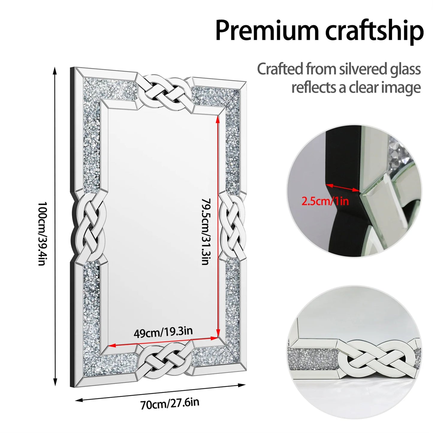 Large Crystal Crush Diamond Silver Hanging Wall-Mounted Mirror