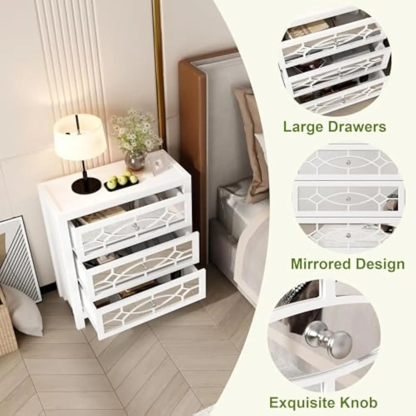 Night Stand, 26 Bedside Table with 3 Mirrored Drawers, Bedroom Nightstand, White Night Stand, Large Storage Bed Desk, Mid Centu